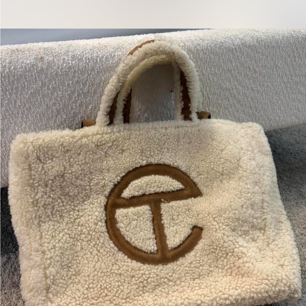 Telfar Cream Shearling Tote With Brown Logo